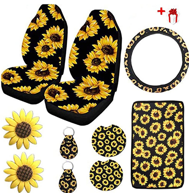 Ldntly 10PCS Sunflower Accessories for Car Wheel Cover,2PCS Front Seat Covers Sunflower Gifts for Women,Pattern Center Pad,Cup Holder Coaster Keyring Car Vent Coaster,Universal for Auto Truck SUV - Image 1